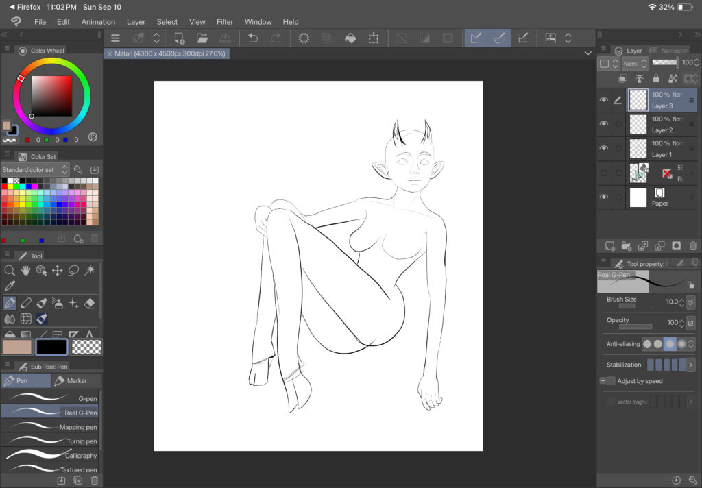 A Clip Studio Paint screencap showing a rough sketch of just the body and horns of a tiefling girl. Her hair, eyes, and clothing haven't been drawn yet. The girl is sitting in a relaxed pose with her knees up, one hand resting on a knee and the other trailing along the invisible 'ground'.