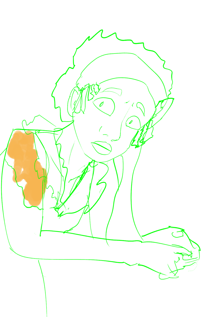 Rough sketch with green lines on a white background. A character is leaning forward on something that hasn't been drawn yet, with their hands clasped together at the right side of the drawing. Their face, looking towards the viewer with a sort of surprised and concerned expression, is round. The character wears a headscarf that drapes off to the right side of the frame, while bits of very coiled hair stick out at the temples. The back of the hair is roughly drawn in to evoke a short, loose Afro style. The character's right shoulder, which is facing the viewer, is roughly colored in with a golden-yellow to indicate that the joint will be made of gold in the final piece.