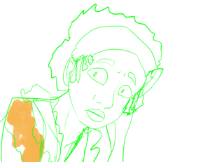 Rough sketch with green lines on a white background. A character is leaning forward on something that hasn't been drawn yet, with their hands clasped together at the right side of the drawing. Their face, looking towards the viewer with a sort of surprised and concerned expression, is round. The character wears a headscarf that drapes off to the right side of the frame, while bits of very coiled hair stick out at the temples. The back of the hair is roughly drawn in to evoke a short, loose Afro style. The character's right shoulder, which is facing the viewer, is roughly colored in with a golden-yellow to indicate that the joint will be made of gold in the final piece.