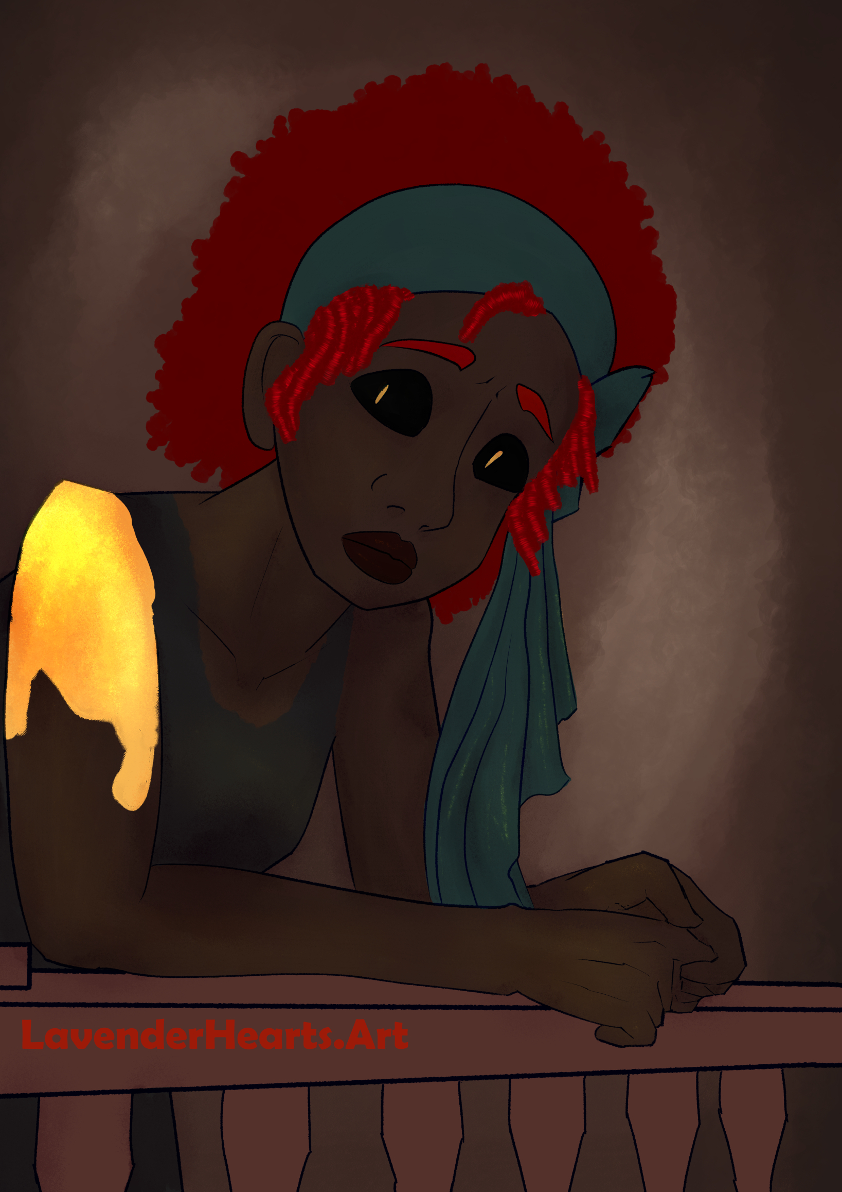 Colored illustration of a Black character with bright red hair, black sclera, and golden pupils leaning on a balustrade with a worried expression while fidgeting with their hands. The character's right shoulder is partially made of gold, and they are wearing a dark gray dress with a ragged edge at the neckline, and a green headscarf. Their hair is teased out in coils behind the headscarf, with some ringlets in the front framing their face.